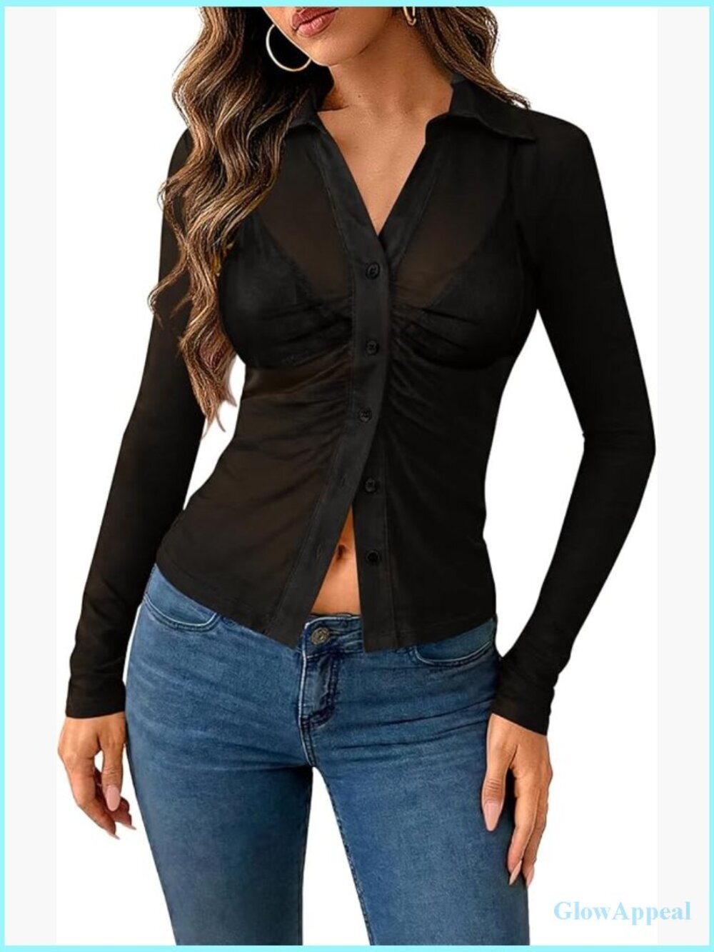 Women's Button Down V-Neck Mesh Long Sleeve Ruched Slim Fit Trendy Top